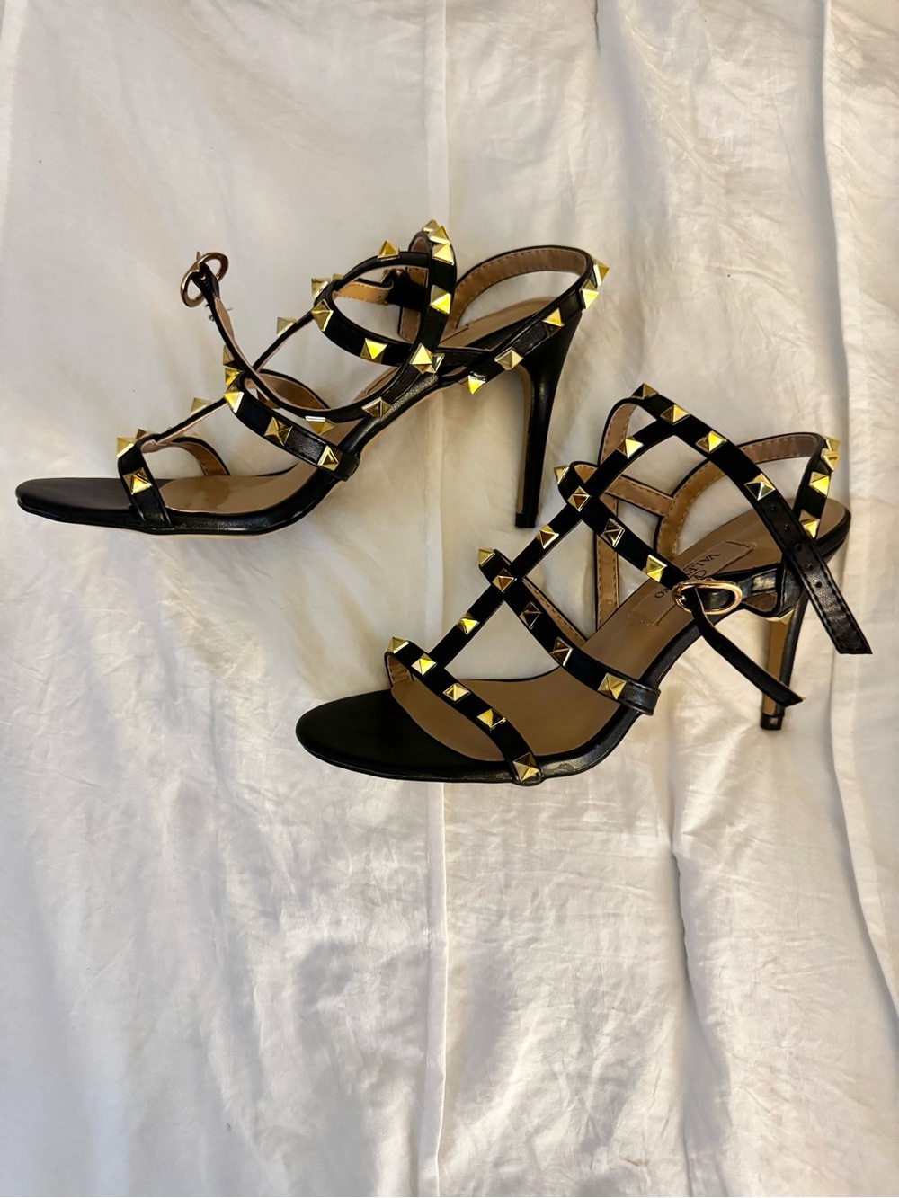 Valentino Black Leather Studded Strappy High Heels with Gold Studs